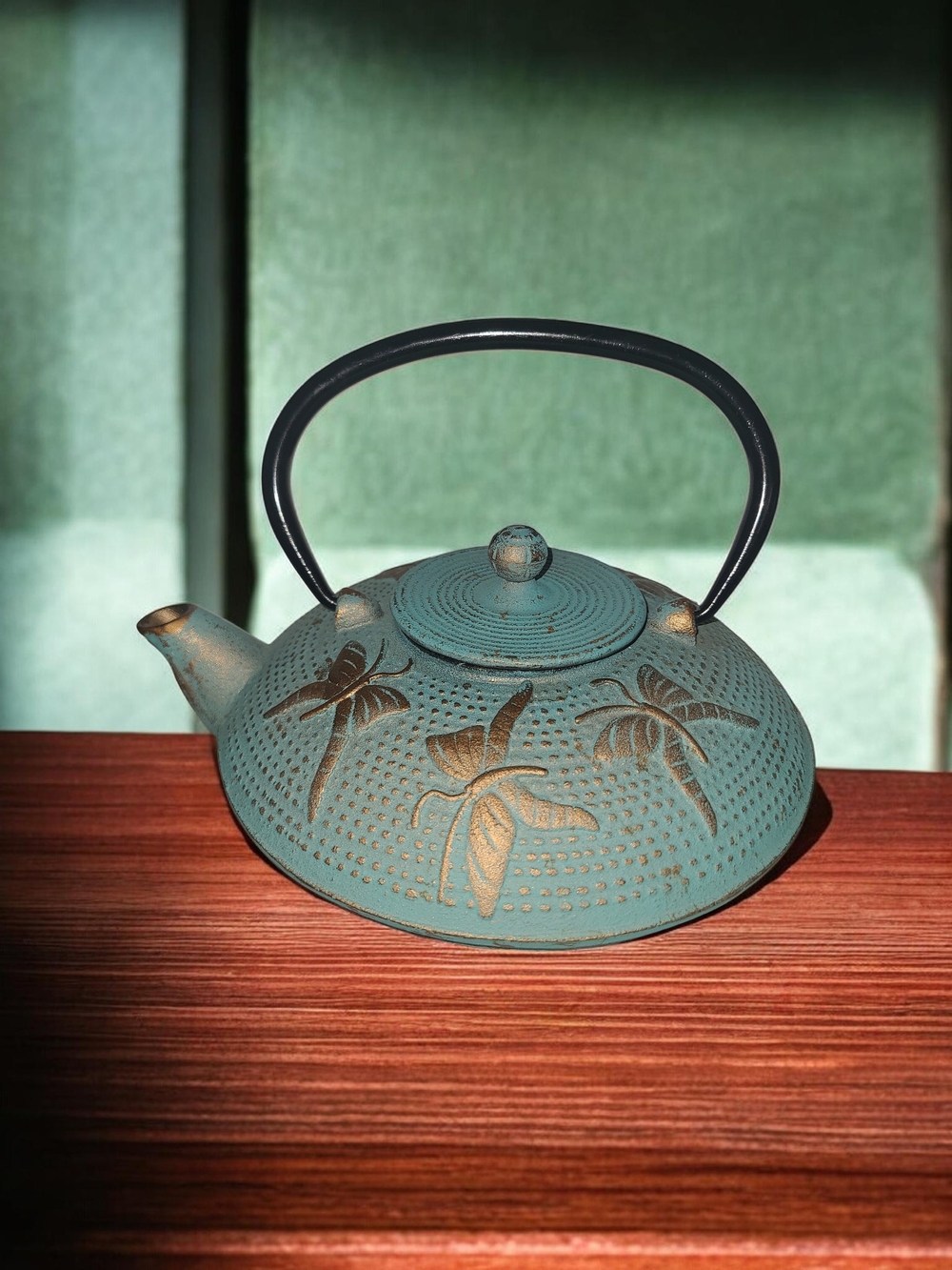 Cast Iron Teapot with Dragonfly Design - Blue